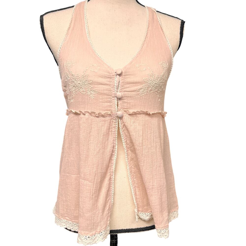 women's teen's 2000's babydoll boho racerback flyaway tank pink embroidered M